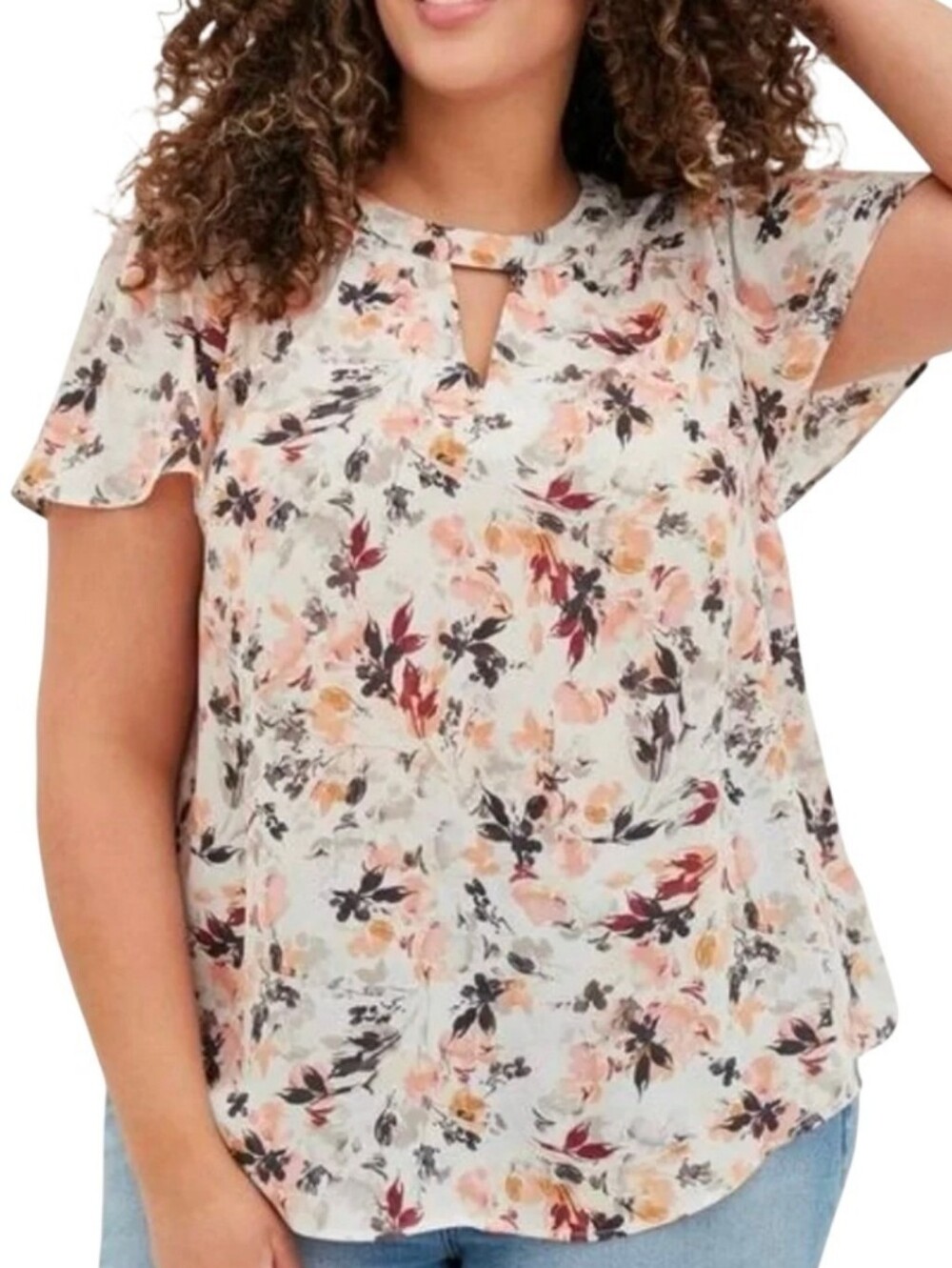 Torrid Floral Georgette Keyhole Neck Flutter Sleeve Blouse Semi-Sheer White 3X